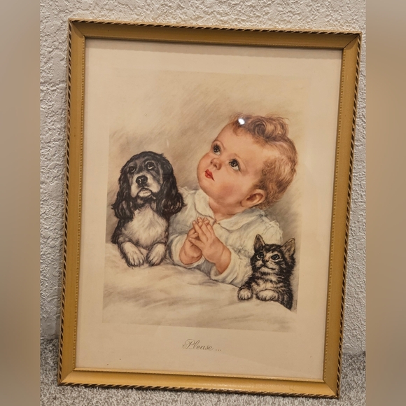 Vintage Other - Vintage Framed Print Of Child With Pet Animals